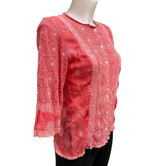 JOHNNY WAS BUTTON FRONT CORAL Eyelet EMBROIDERED BLOUSE 3/4‎ sleeve sz small - Picture 4 of 9